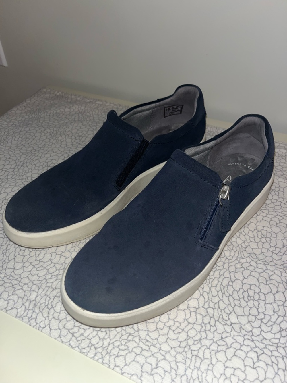 Clarks Navy Suede Slip-On Sneakers with White Sole